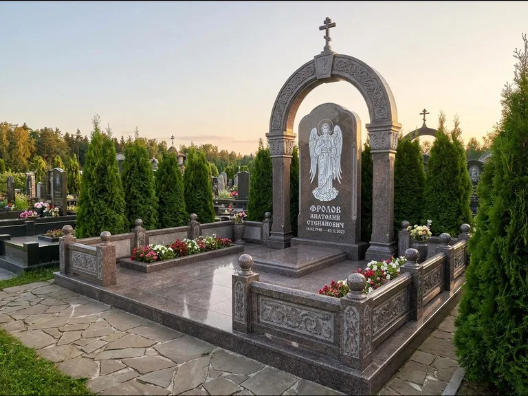 Памятник с гравировкой иконы: стела с арочным киотом и резной колонной — гравировка Богородицы «Семистрельная», белая мраморная крошка, работа «Воронцова» во Владивостоке