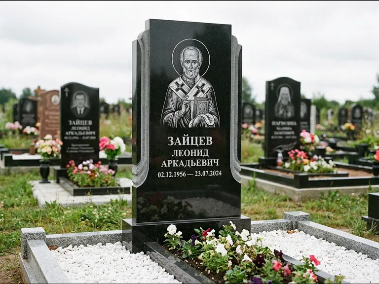 Памятник с гравировкой иконы — образ Николая Чудотворца, работа «Лебедева» во Владивостоке