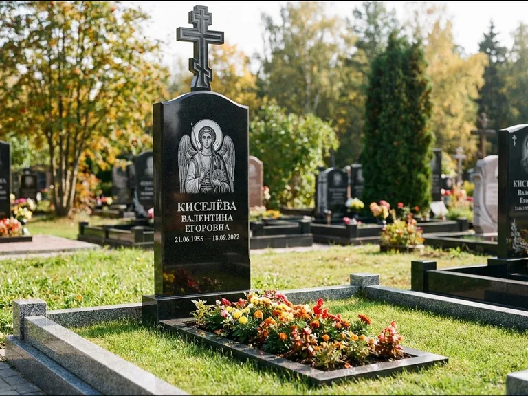 Памятник с гравировкой иконы — образ в полный рост на обороте стелы, работа «Гущин» во Владивостоке