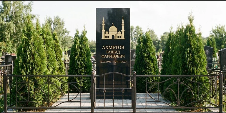 Гравировка мечети на памятник во Владивостоке — стела из чёрного гранита, оформление по канонам ислама