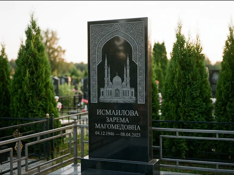 Мусульманский памятник с гравировкой мечети — мечеть в восточной арке с орнаментом, работа «Исмаилова» во Владивостоке