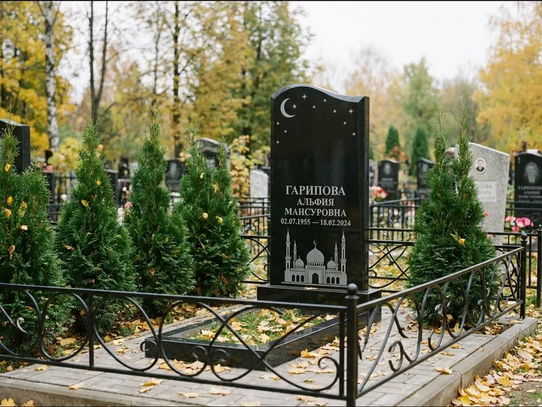 Мусульманский памятник с гравировкой мечети — мечеть с луной в ночном небе, работа «Гарипова» во Владивостоке