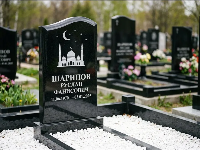 Мусульманский памятник с гравировкой мечети: стела с волнообразным скошенным верхом — гравировка мечети под полумесяцем и звёздами, белая мраморная крошка с бордюром, работа «Шарипов» во Владивостоке