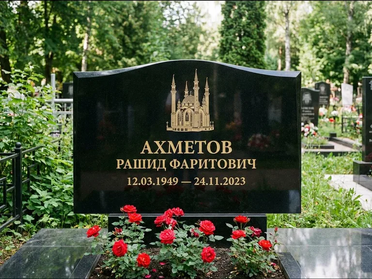 Мусульманский памятник с гравировкой мечети: широкая двойная семейная стела — золочёная гравировка мечети, цветник с красными розами, работа «Ахметов» во Владивостоке