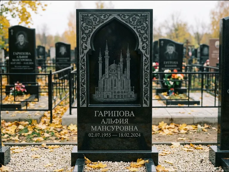 Мусульманский памятник с гравировкой мечети: фигурная стела с михраб-нишей — гравировка мечети в михраб-арке с орнаментом, светлая гравийная отсыпка, работа «Гарипова» во Владивостоке