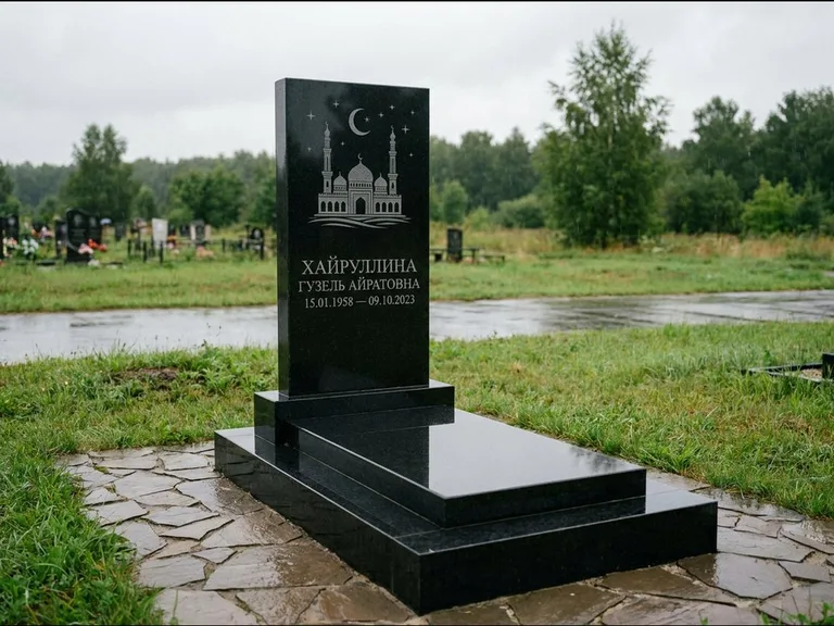 Мусульманский памятник с гравировкой мечети: ступенчатая двухуровневая стела — гравировка мечети под полумесяцем и звёздами, каменная дорожка из плитняка, работа «Хайруллина» во Владивостоке