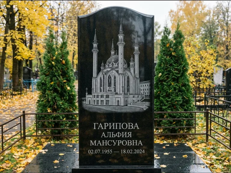 Мусульманский памятник с гравировкой мечети — мечеть Кул-Шариф на обороте стелы, работа «Гарипова» во Владивостоке