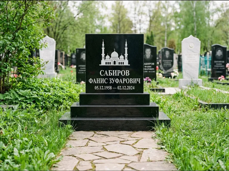 Мусульманский памятник с гравировкой мечети: ступенчатая трёхуровневая стела — золочёная гравировка мечети, дорожка из природного плитняка, работа «Юсупов» во Владивостоке