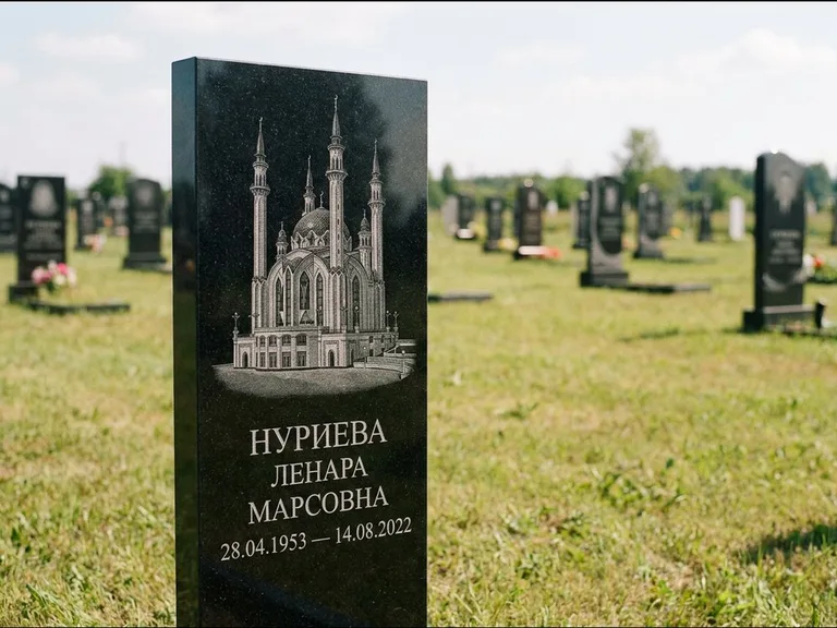 Мусульманский памятник с гравировкой мечети: узкая вертикальная стела-пилон — гравировка мечети в михраб-арке с орнаментом, открытая лужайка без ограды, работа «Хайруллина» во Владивостоке