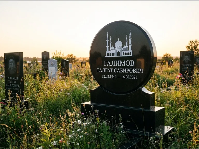 Мусульманский памятник с гравировкой мечети: округлая стела-медальон на тумбе — гравировка мечети в михраб-арке с орнаментом, луговые травы и полевые цветы, работа «Каримов» во Владивостоке