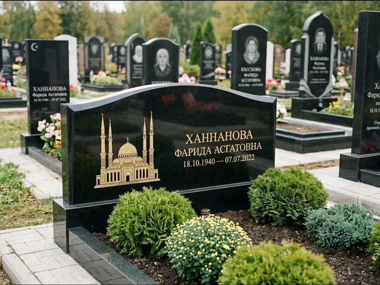 Мусульманский памятник с гравировкой мечети: вытянутая горизонтальная семейная стела с аркой — белая гравировка силуэта мечети с минаретами, участок с декоративными кустами, работа «Гарипова» во Владивостоке