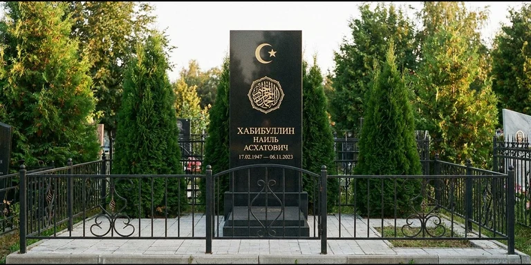 Гравировка на мусульманском памятнике во Владивостоке — стела из чёрного гранита, оформление по канонам ислама