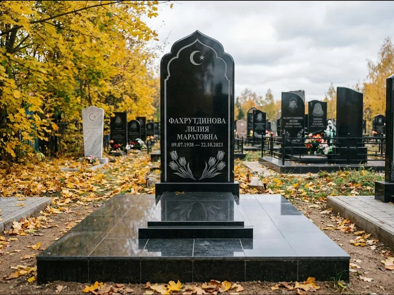 Мусульманский памятник: стела с михраб-навершием в форме арки — гравировка минарета с полумесяцем, гранитный цоколь с тёмной плиткой, работа «Фахрутдинова» во Владивостоке