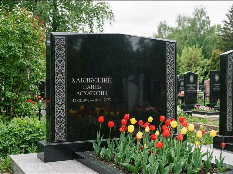 Мусульманский памятник: широкая двойная семейная стела — золочёная гравировка мечети, цветник с тюльпанами, работа «Хабибуллин» во Владивостоке