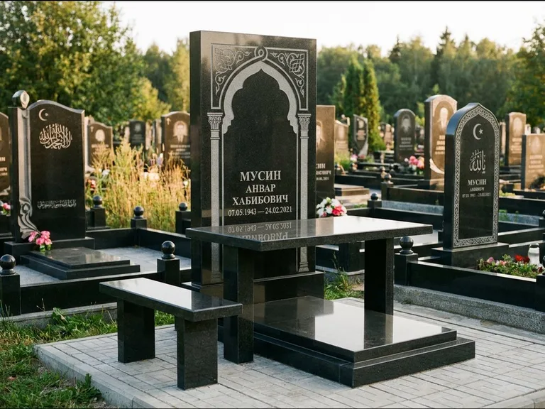 Мусульманский памятник: стела с гранитным столиком и скамьёй — гравировка мечети под полумесяцем и звёздами, семейный участок с плиткой, работа «Гимаев» во Владивостоке