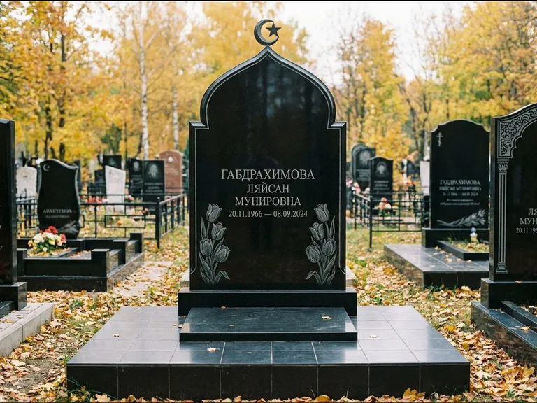 Мусульманский памятник: массивная стела с михраб-навершием — белая гравировка силуэта мечети с минаретами, цоколь тёмной плиткой, работа «Магомедова» во Владивостоке