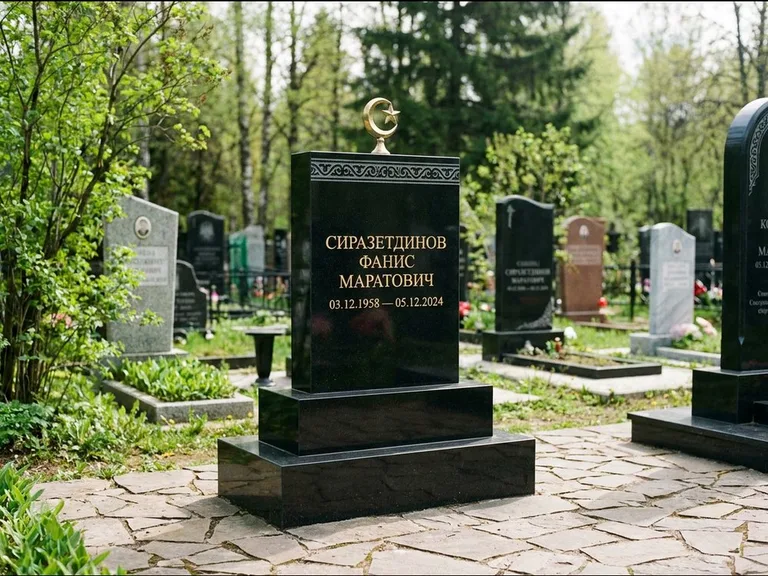 Мусульманский памятник: ступенчатая трёхуровневая стела — золочёная гравировка мечети, дорожка из природного плитняка, работа «Мустафин» во Владивостоке