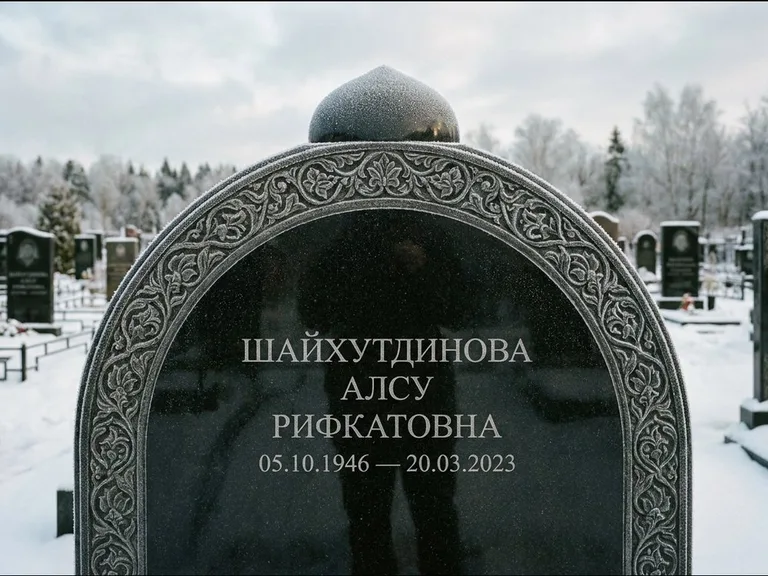 Мусульманский памятник: полукруглая стела с купольным навершием — гравировка мечети под полумесяцем и звёздами, заснеженный зимний участок, работа «Ганиева» во Владивостоке