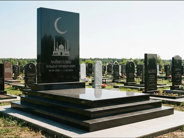 Мусульманский памятник: массивная стела на ступенчатом постаменте — гравировка мечети под полумесяцем и звёздами, гранитная площадка без ограды, работа «Хабибуллин» во Владивостоке