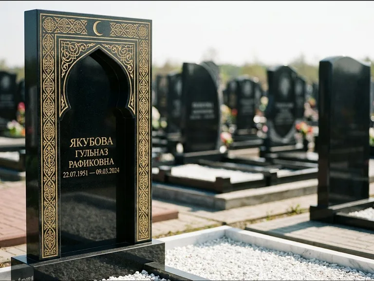 Мусульманский памятник: стела в форме михраба с глубокой нишей и золочёным орнаментом — детализированная гравировка мечети Кул-Шариф, участок с белой мраморной крошкой, работа «Мустафин» во Владивостоке