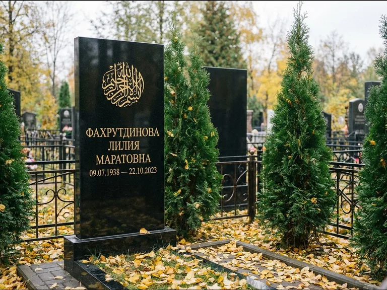 Мусульманский памятник — шахада в верхней части стелы, работа «Фахрутдинова» во Владивостоке