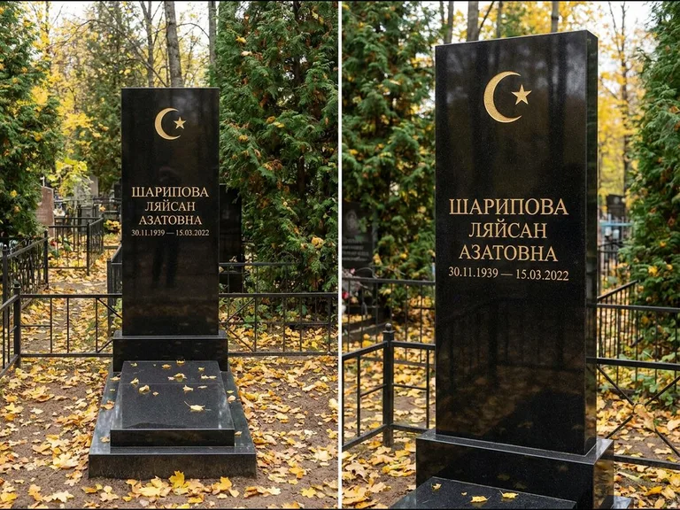 Памятник с гравировкой полумесяца — золочёная гравировка полумесяца со звездой в верхней части с, работа «Шарипова» во Владивостоке