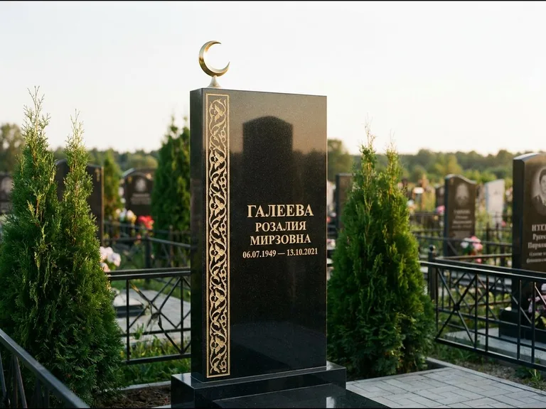 Памятник с гравировкой полумесяца — золочёный полумесяц и колонна растительного орнамента-ислими, работа «Галеева» во Владивостоке