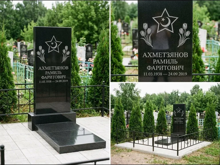 Памятник с гравировкой полумесяца — гравировка полумесяца со звездой и тюльпанами по бокам, работа «Ахметзянов» во Владивостоке