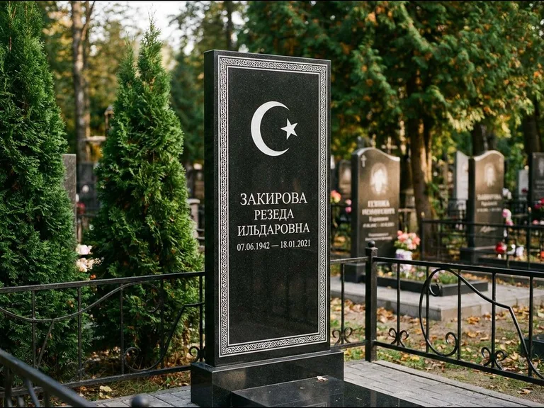 Памятник с гравировкой полумесяца — строгая белая гравировка полумесяца со звездой и орнаменталь, работа «Закирова» во Владивостоке