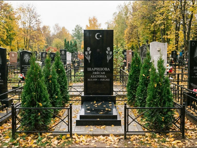 Памятник с гравировкой полумесяца — гравировка полумесяца со звездой и тюльпанами по бокам, работа «Шарипова» во Владивостоке