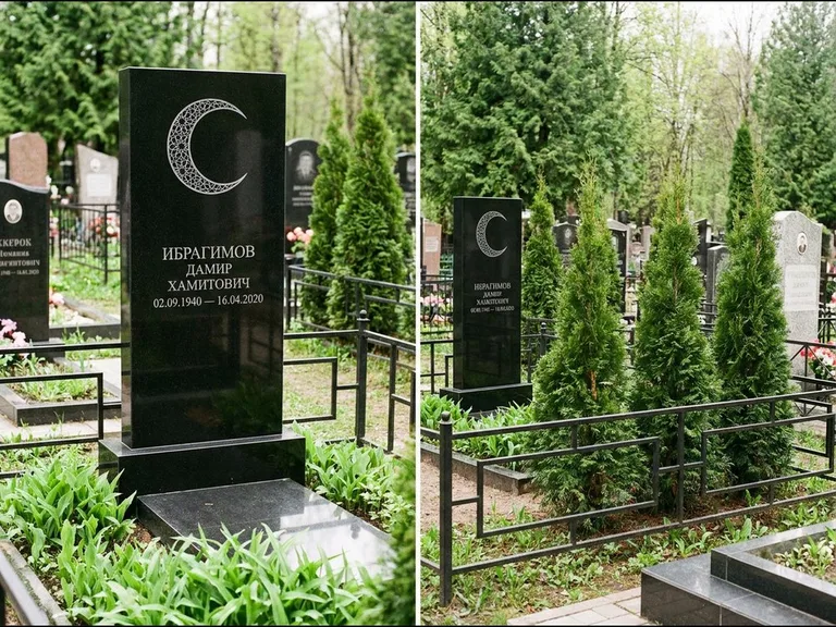 Памятник с гравировкой полумесяца — гравировка полумесяца в геометрическом орнаменте-гирихе, работа «Ибрагимов» во Владивостоке