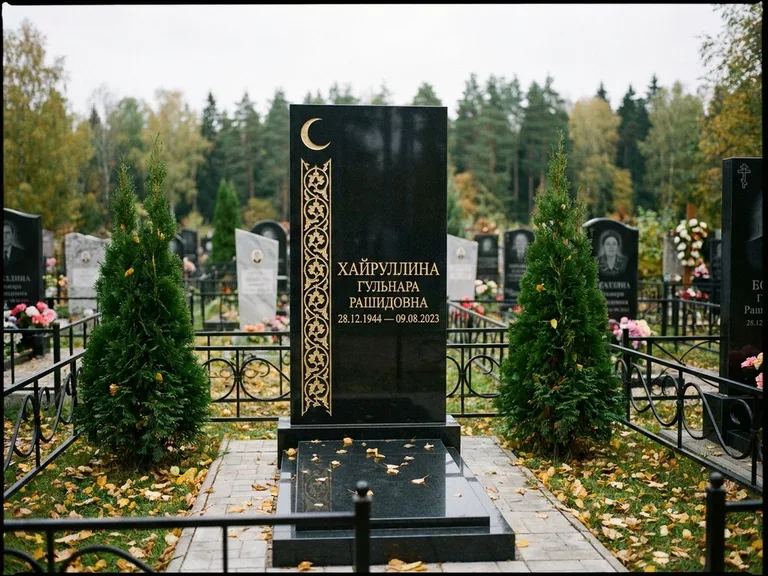 Памятник с гравировкой полумесяца — золочёный полумесяц и колонна растительного орнамента-ислими, работа «Хайруллина» во Владивостоке