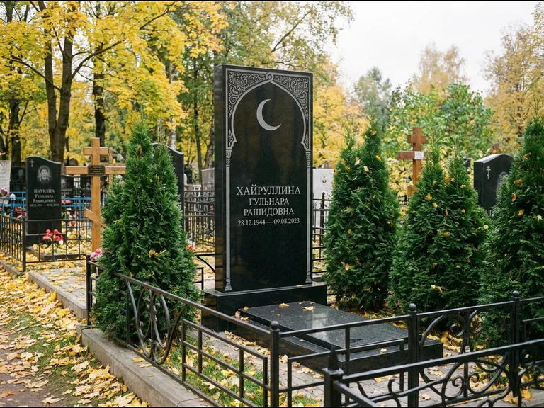 Памятник с гравировкой полумесяца — гравировка полумесяца в восточной арке с орнаментом, работа «Хайруллина» во Владивостоке