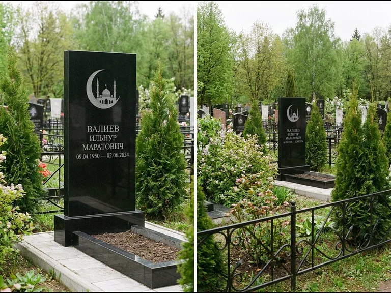 Памятник с гравировкой полумесяца — гравировка полумесяца над силуэтом мечети, работа «Валиев» во Владивостоке