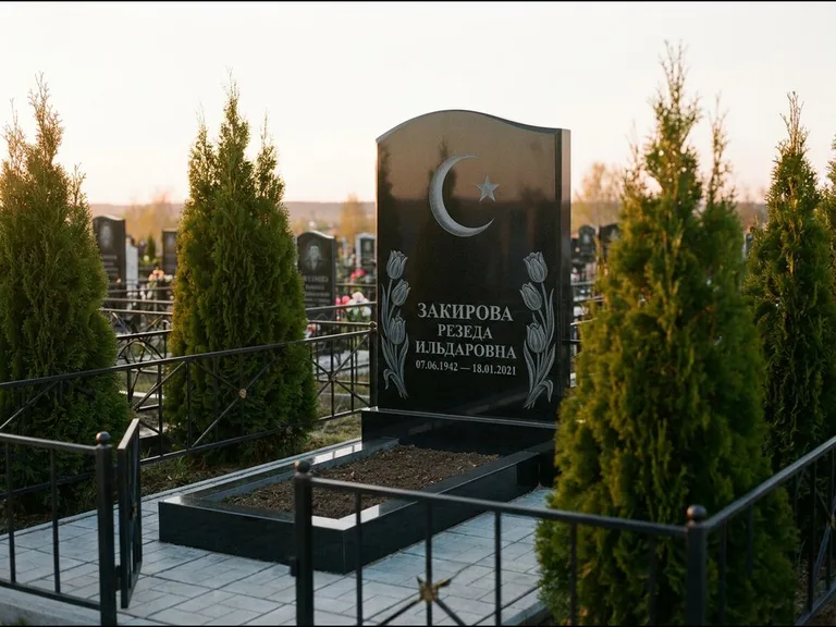 Памятник с гравировкой полумесяца — гравировка полумесяца со звездой и тюльпанами по бокам, работа «Закирова» во Владивостоке