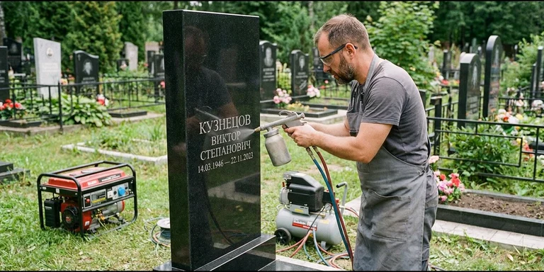 Гравировка на памятнике с выездом на кладбище во Владивостоке — мастер гравирует установленный памятник