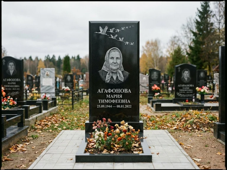 Гравировка журавлей на памятник во Владивостоке — памятник из чёрного гранита с гравировкой
