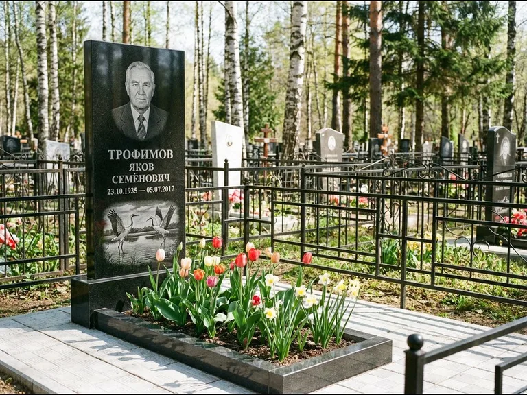 Памятник с гравировкой журавлей — гравировка пары журавлей над гладью озера в нижней части, работа «Трофимов» во Владивостоке
