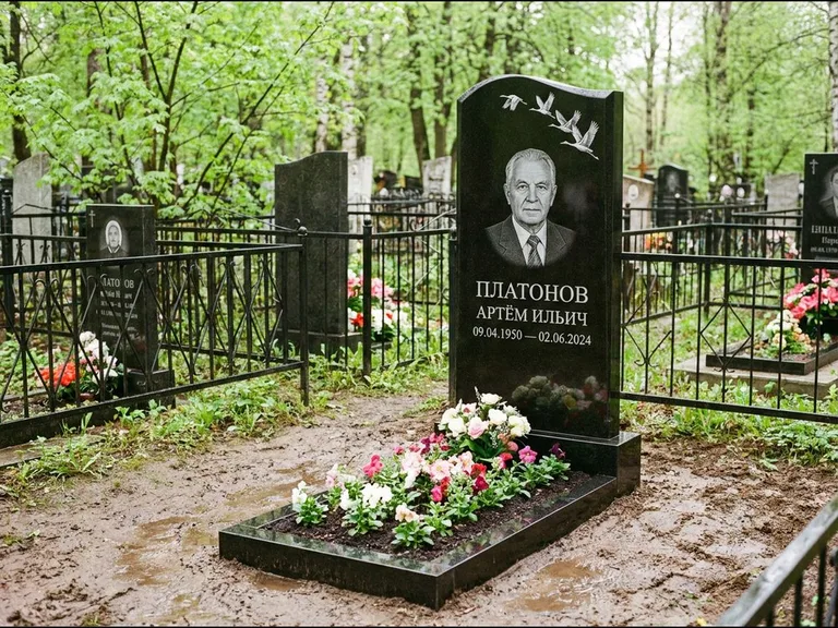 Памятник с гравировкой журавлей — белая гравировка клина журавлей, уходящего в верхний угол ст, работа «Платонов» во Владивостоке