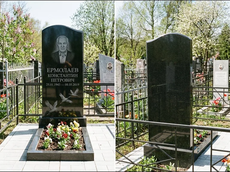 Памятник с гравировкой журавлей — гравировка трёх журавлей по диагонали через свободное поле с, работа «Ермолаев» во Владивостоке
