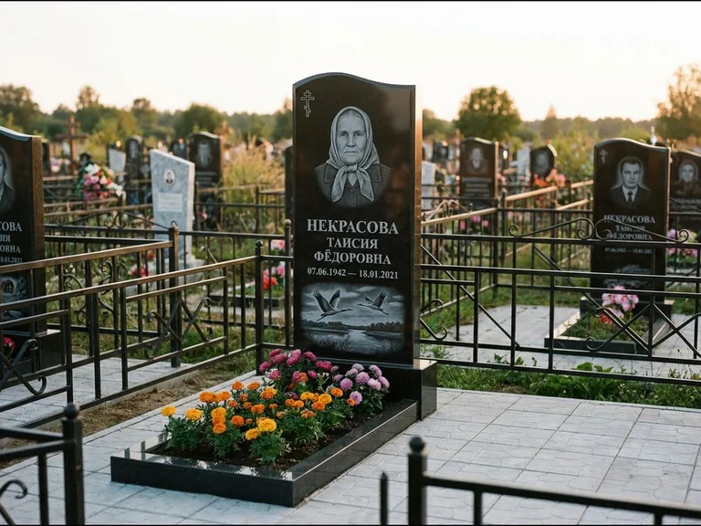 Памятник с гравировкой журавлей — гравировка пары журавлей над гладью озера в нижней части, работа «Некрасова» во Владивостоке