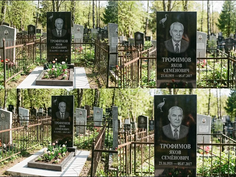 Памятник с гравировкой журавлей — гравировка одиночного летящего журавля над портретом, работа «Трофимов» во Владивостоке
