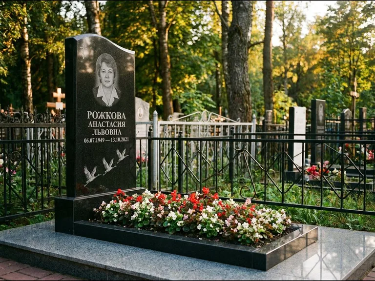 Памятник с гравировкой журавлей — гравировка трёх журавлей по диагонали через свободное поле с, работа «Рожкова» во Владивостоке