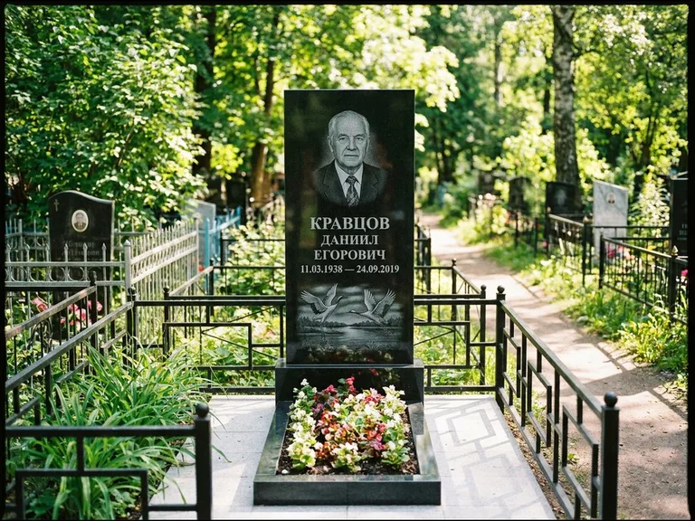 Памятник с гравировкой журавлей — гравировка пары журавлей над гладью озера в нижней части, работа «Кравцов» во Владивостоке