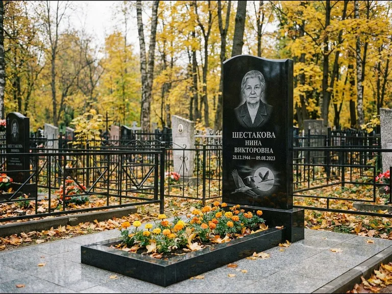 Памятник с гравировкой журавлей — гравировка клина журавлей на фоне солнечного диска, работа «Шестакова» во Владивостоке