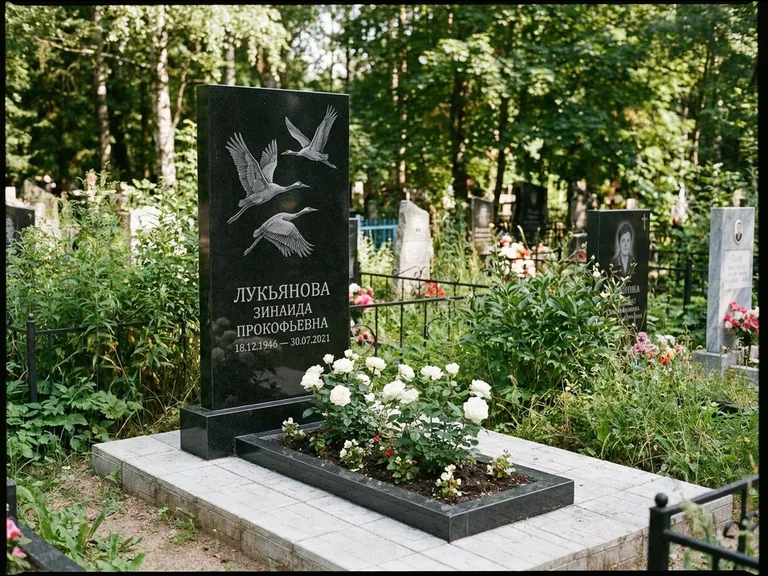 Памятник с гравировкой журавлей — гравировка журавлей, работа «Лукьянова» во Владивостоке