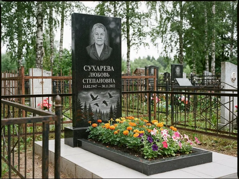 Памятник с гравировкой журавлей — гравировка силуэтов журавлей над еловым лесом, работа «Сухарева» во Владивостоке