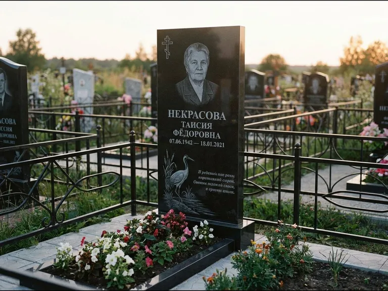 Памятник с гравировкой журавлей — гравировка журавля у камышей рядом с эпитафией, работа «Некрасова» во Владивостоке