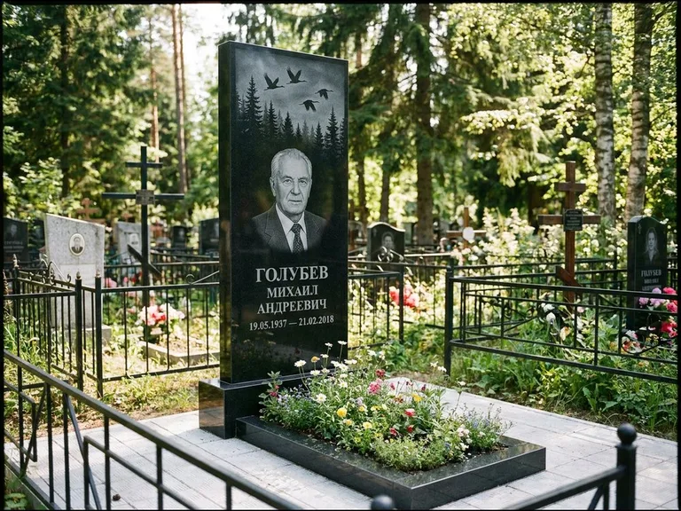 Памятник с гравировкой журавлей — гравировка силуэтов журавлей над еловым лесом, работа «Голубев» во Владивостоке