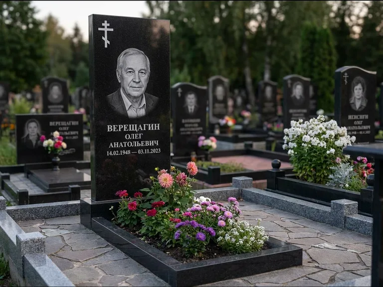 Памятник из чёрного гранита — горизонтальная плита-стела с православным восьмиконечным крестом, работа «Тихонов» во Владивостоке